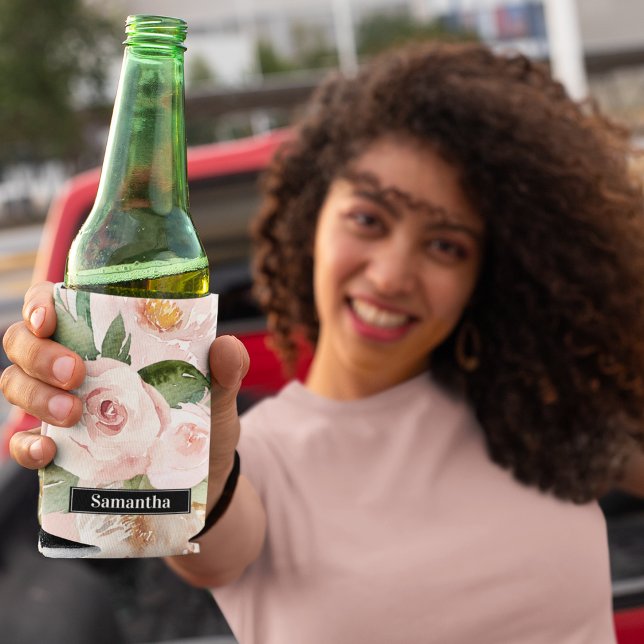 Modern Pastel Pink Watercolor Flowers & Name Can Cooler (Creator Uploaded)