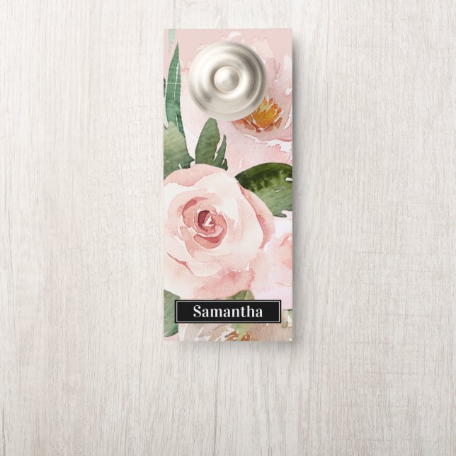 Modern Pastel Pink Watercolor Flowers & Name Door Hanger (On Knob)