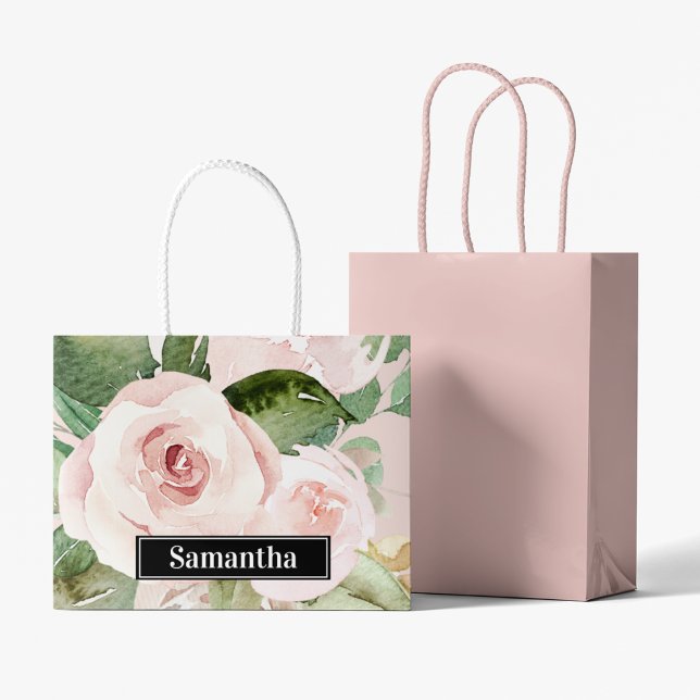 Modern Pastel Pink Watercolor Flowers & Name Large Gift Bag (Creator Uploaded)