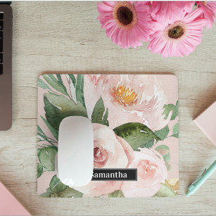 Modern Pastel Pink Watercolor Flowers & Name Mouse Pad