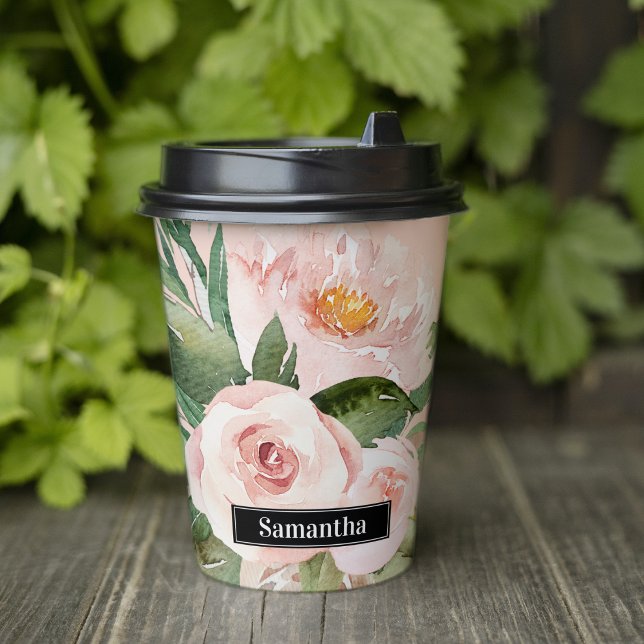 Modern Pastel Pink Watercolor Flowers & Name Paper Cups (Creator Uploaded)