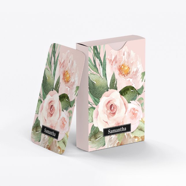Modern Pastel Pink Watercolor Flowers & Name Playing Cards (Creator Uploaded)