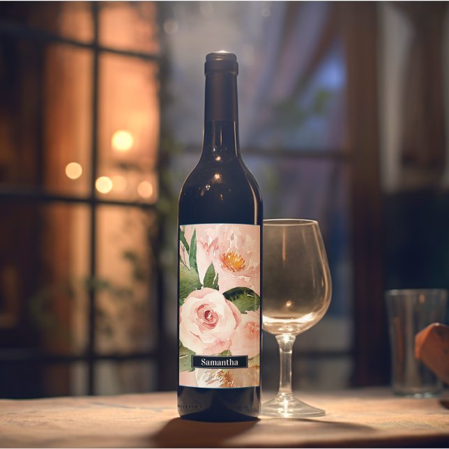 Modern Pastel Pink Watercolor Flowers & Name Wine Label (Creator Uploaded)