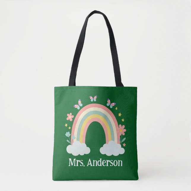 Modern Pastel Rainbow Personalised Teacher Gift Tote Bag (Front)