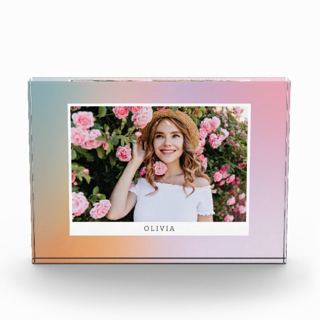 Modern pastel rainbow pink girly photo unique gift block (Front)