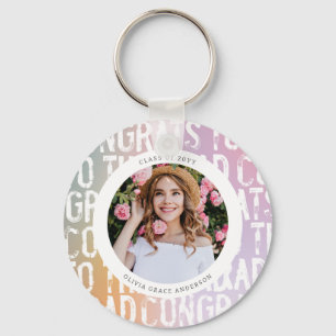 Modern pastel rainbow pink photo graduation party key ring
