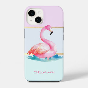 Modern Pastel Striped,Pink Flamingos  iPhone 14 Case