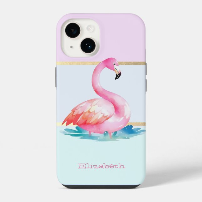 Modern Pastel Striped,Pink Flamingos  iPhone Case (Back)