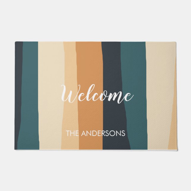 Modern Pastel Stripes Custom Family Name  Doormat (Front)