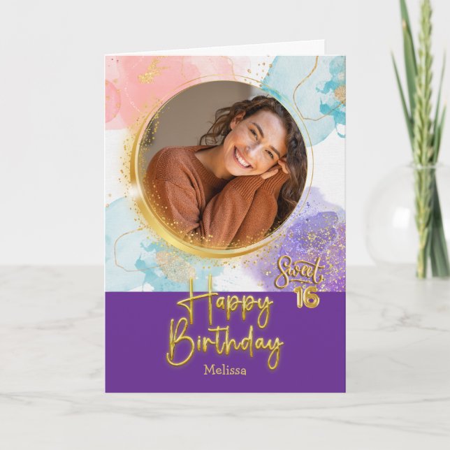 Modern Pastel Sweet 16 Photo & Name Birthday Card (Front)