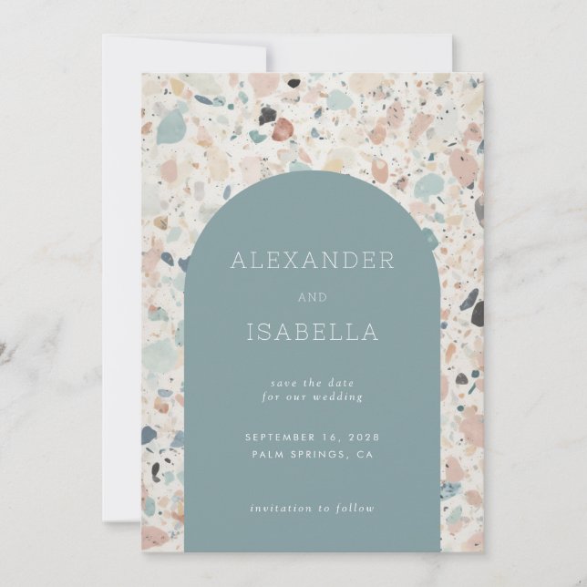 Modern Pastel Terrazzo Speckled Pattern Wedding Save The Date (Front)