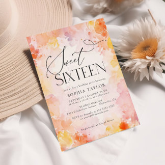 Modern Pastel Watercolor Floral Sweet 16 Birthday Invitation