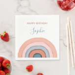 Modern Pastel Watercolor Rainbow Kids Birthday  Napkin<br><div class="desc">A cute birthday party napkin for a kids birthday. This design features a modern watercolor rainbow in pastel colours - blush pink,  light blue,  terracotta and teal. The colours of the text matches the rainbow. Personalise this napkin for the birthday with the name of the birthday kid.</div>