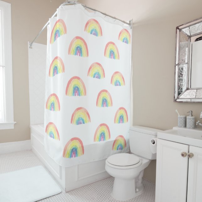 Modern pastel watercolor rainbow pattern shower curtain (In Situ)
