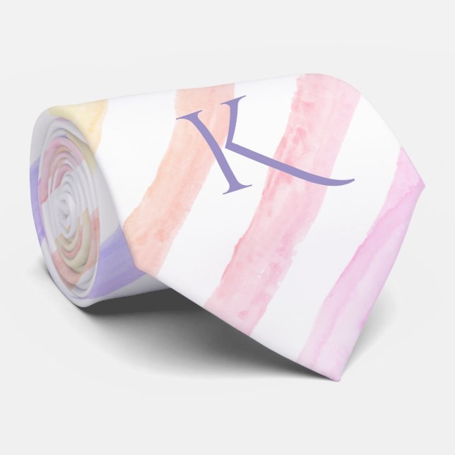Modern Pastel Watercolor Striped Pattern Monogram Tie (Rolled)