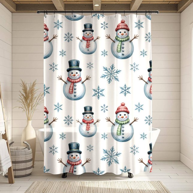 Modern Pastel Watercolor Winter Snowflake Snowman Shower Curtain (Creator Uploaded)
