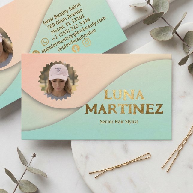 Modern Pastel Waves Photo Hair Stylist Business Card (Creator Uploaded)