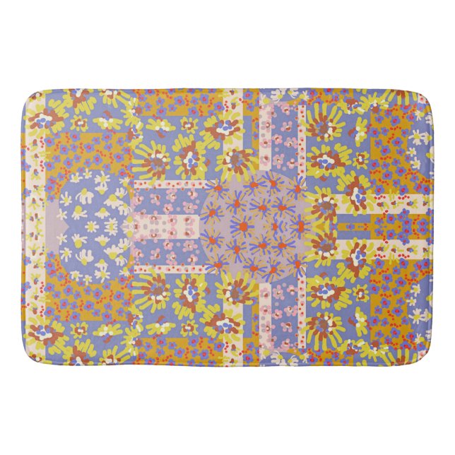 Modern Patchwork Daisy Flowers on Periwinkle Bath Mat (Front)