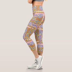 Modern Patchwork Daisy Flowers on Periwinkle Capri Leggings