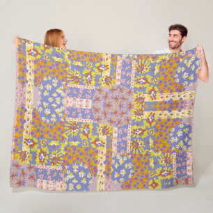 Modern Patchwork Daisy Flowers on Periwinkle Fleece Blanket