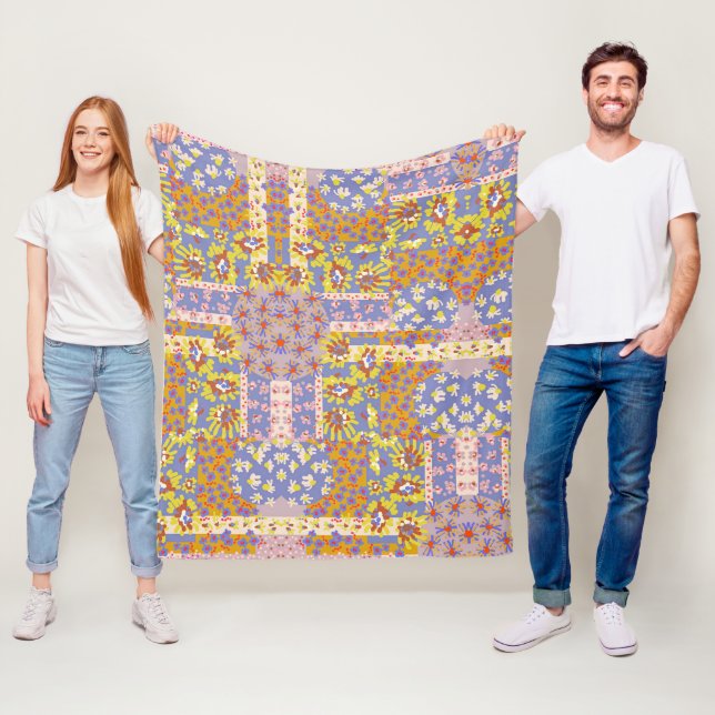 Modern Patchwork Daisy Flowers on Periwinkle Fleece Blanket (In Situ)