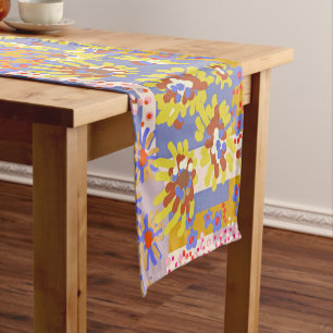Modern Patchwork Daisy Flowers on Periwinkle Short Table Runner