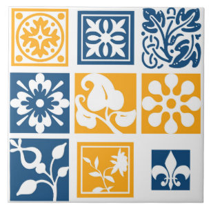 Modern, patchwork, white,navy blue, mustard yellow tile