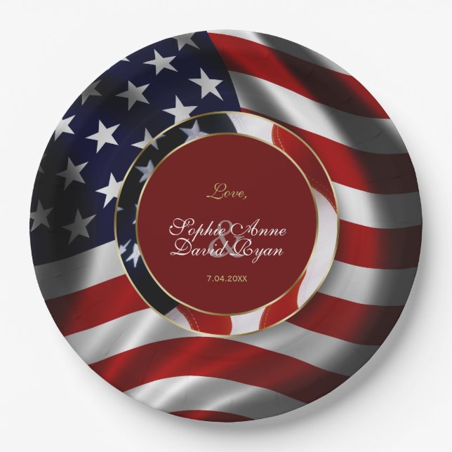Modern Patriotic Elegant USA Flag Gold Wedding Paper Plate (Front)