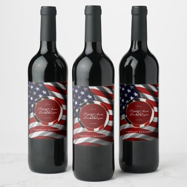 Modern Patriotic Elegant USA Flag Gold Wedding Wine Label (Bottles)