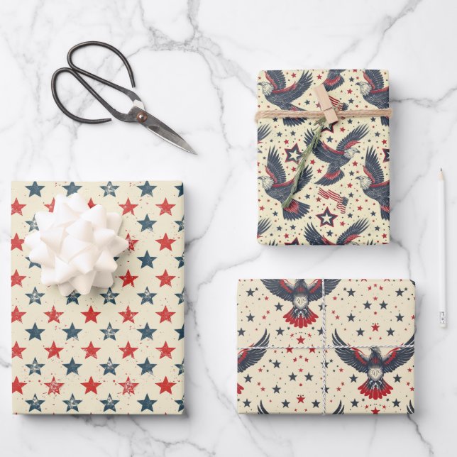 Modern Patriotic Red White Blue Rustic Gift Wrap (Front)