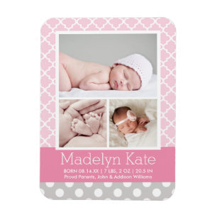 Modern Pattern Baby Girl Pink Grey Photo Birth Magnet