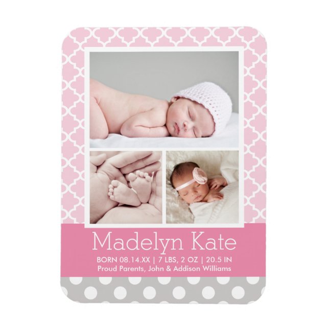 Modern Pattern Baby Girl Pink Grey Photo Birth Magnet (Vertical)