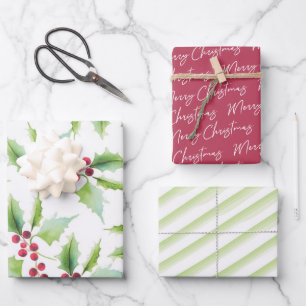 Modern Pattern Botanical Christmas Watercolor Wrapping Paper Sheet