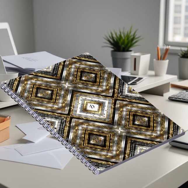 Modern pattern in silver, gold and black, monogram notebook (Creator Uploaded)