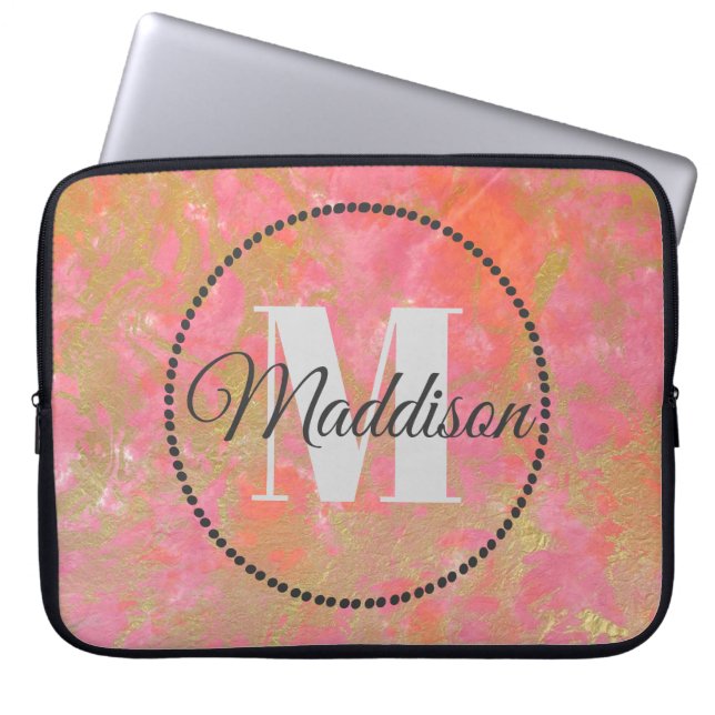 Modern Pattern Monogram Your Name Pink Marble Laptop Sleeve (Front)
