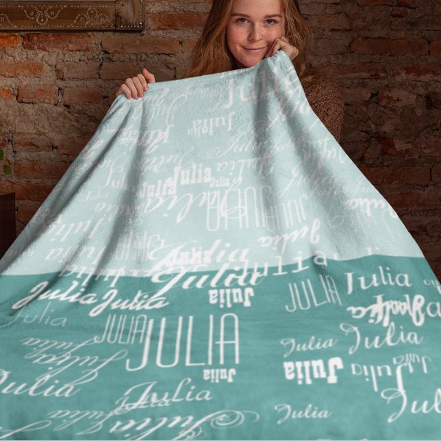 modern pattern of names on teal blue fleece blanket (Creator Uploaded)