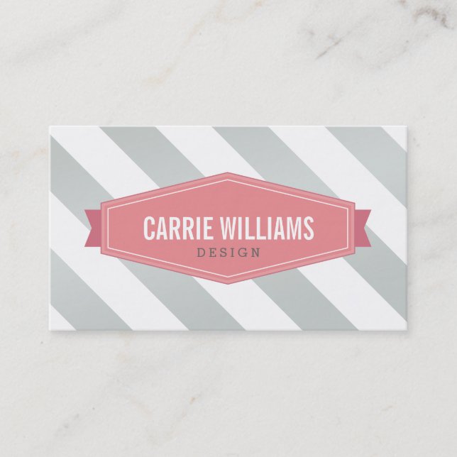 MODERN PATTERN striped coral retro logo grey Business Card (Front)