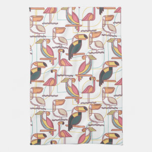 Modern Pattern With Tropical Birds Tea Towel