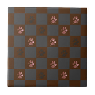 Modern Paw Prints Chequerboard Burgundy Grey    Tile