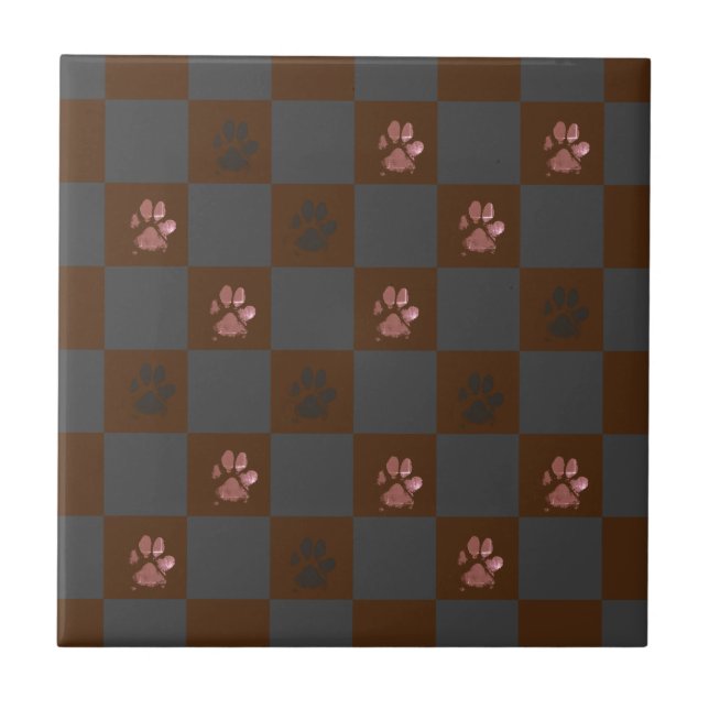 Modern Paw Prints Chequerboard Burgundy Grey |  Tile (Front)