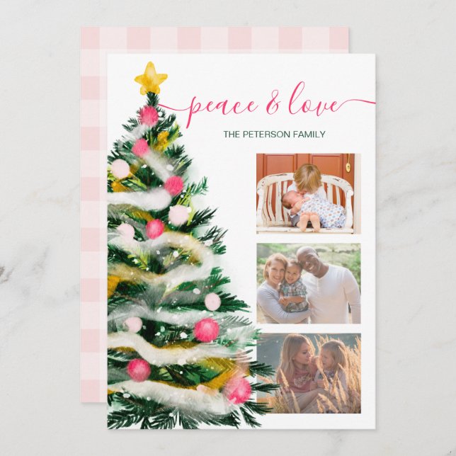 Modern peace Christmas tree watercolor 3 photos Card (Front/Back)