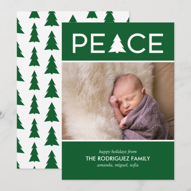 Modern Peace Custom Photo Holiday Tree Green White Card (Front/Back)