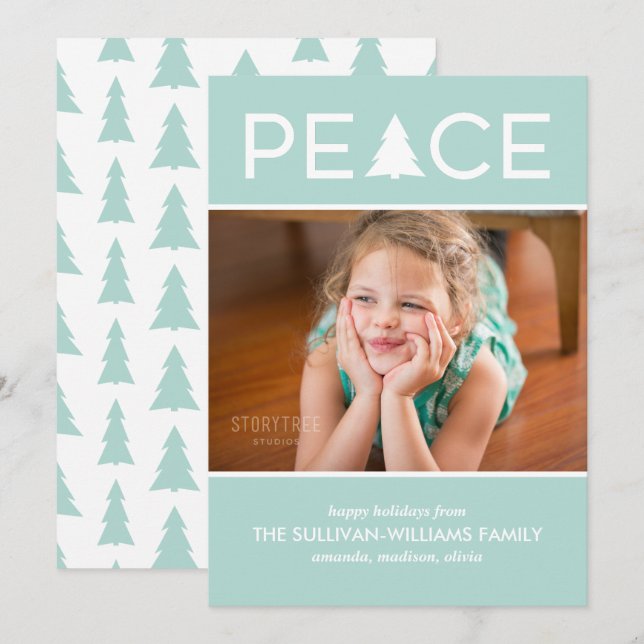 Modern Peace Custom Photo Holiday Tree Mint Green Card (Front/Back)