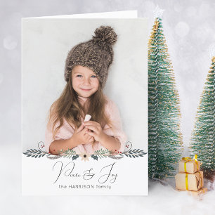 Modern Peace & Joy Christmas Botanical Photo Holiday Card