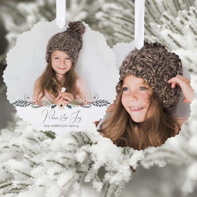 Modern Peace & Joy Christmas Botanical Photo Tree Decoration Card (Creator Uploaded)