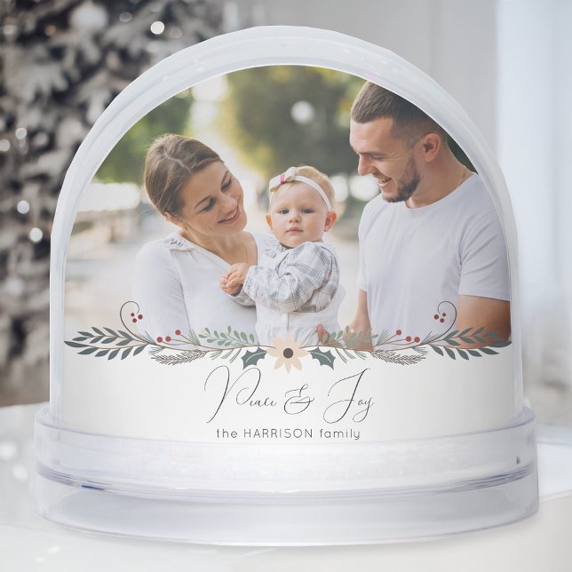 Modern Peace & Joy Floral Photo Snow Globe (Creator Uploaded)