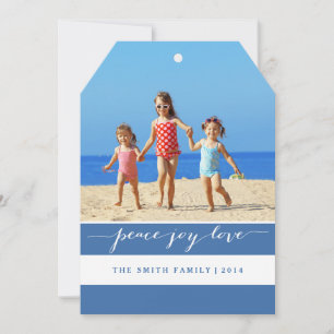 Modern Peace, Joy, Love Holiday Photo Card Blue