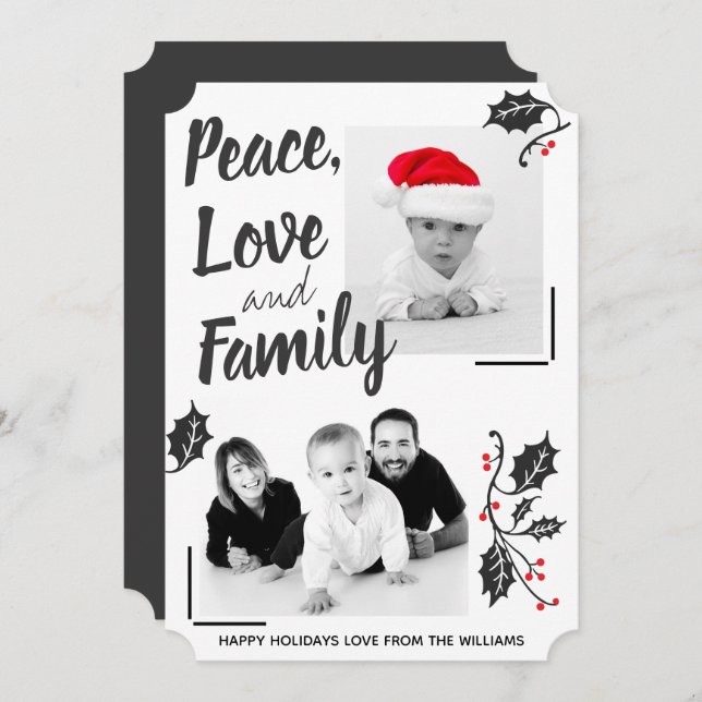 Modern Peace Love and Family Holiday Photo Card (Front/Back)