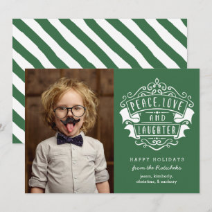Modern Peace, Love, and Laughter Photo Green Holiday Card