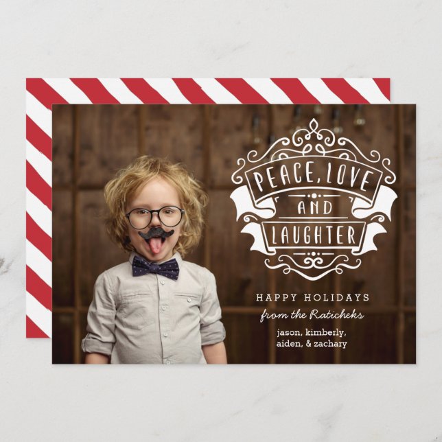 Modern Peace, Love, and Laughter Photo | White Holiday Card (Front/Back)